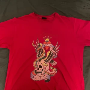 Ed hardy tröja - Röd ed hardy tröja i använt skicka, svag text på framsida samt baksida inga hål eller något i den passar både man och kvinna, sitter lite oversized (jag är 175cirka)