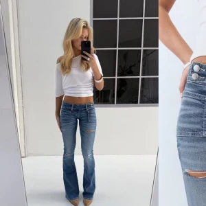 Lågmidjade jeans från Gina 14+💕 - Snygga blå bootcut lågmidjade jeans med slitningar på knäna. Så fina och brq skick ❤️Storlek XS, ganska små i storleken❤️ helt slutsålda på hemsidan! innerbenslängden: 77 cm midjemåttet:34cm 