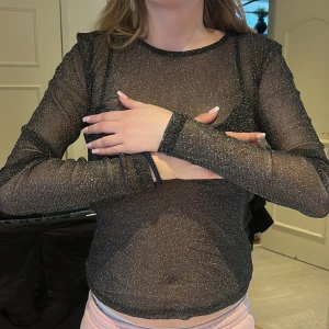 Svart glittrig långärmad topp - Säljer en svart glittrig långärmad topp som är perfekt för en kväll ute. Toppen är transparent och har en snygg passform som framhäver figuren. Den är både stilren och festlig med sitt glittriga material. Helt ny med prislapp