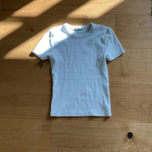 Vit ribbad t-shirt från ZARA - Säljer en enkel och stilren vit ribbad t-shirt från ZARA. T-shirten har korta ärmar och rund halsringning, perfekt för en clean och fräsch look. Passar dig som gillar basic plagg med en twist!