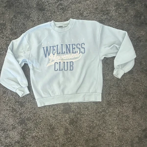 Ljusblå sweatshirt med tryck - Säljer en ljusblå sweatshirt med texten 'Wellness Movement Club' i vitt och blått framtill. Tröjan har rund hals och långa ärmar med ribbade muddar. Säljer den då den tyvärr inte kommer till användning.