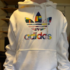 Vit hoodie från Adidas med färgglad logga - Säljer en vit hoodie från Adidas med stor, färgglad Trefoil-logga och adidas-tryck på bröstet. Klassisk känguruficka och huva med dragsko. Perfekt för dig som gillar streetwear och vill sticka ut lite extra.