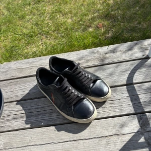 Svarta sneakers med fågelmotiv från Axel Arigato - Säljer ett par svarta sneakers från Axel Arigato med vit sula och snörning. Skorna har ett broderat fågelmotiv på sidan och är tillverkade i skinn. Perfekta för dig som gillar stilrena och unika detaljer.