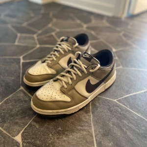 Nike Dunk Low i beige och brunt - Snygga Nike Dunk Low sneakers i beige och brunt med klassisk svart swoosh. Skorna har lågt skaft, perforerad tå och snörning. Yttermaterialet är skinn och sulan är i mörkbrunt gummi. Perfekta för dig som gillar streetwear och vill ha en stilren look. 