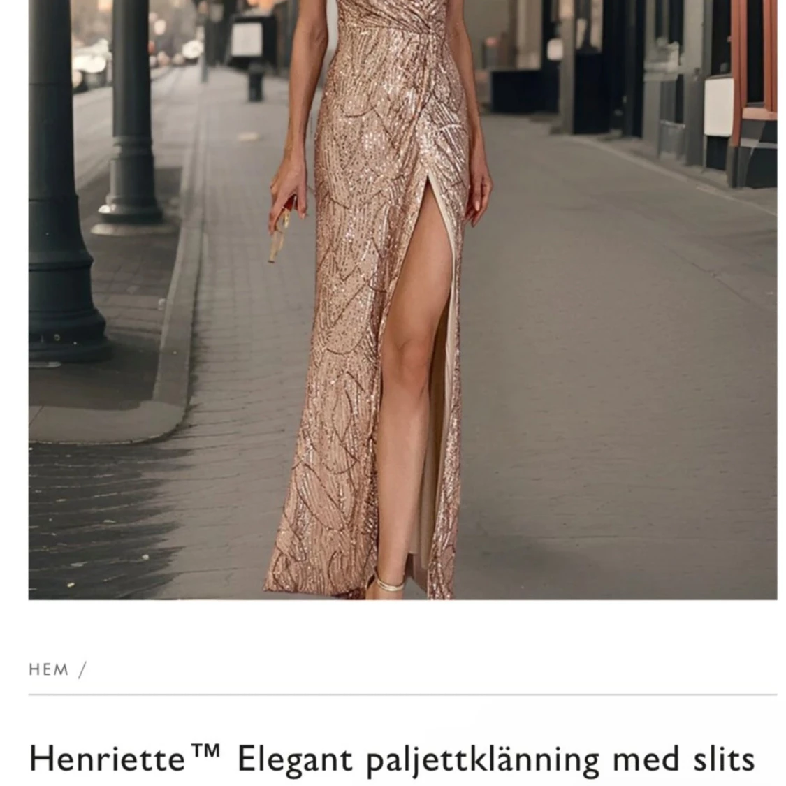 Champagnefärgad paljettklänning med slits - 1