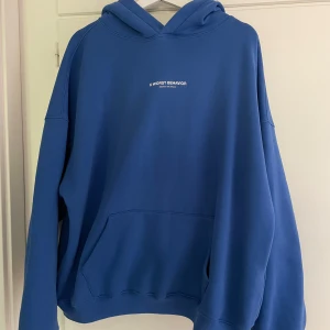 Blå hoodie från WRSTBHVR Studio - Blå hoodie från WRSTBHVR Studio med vit logga på bröstet och stor text på ryggen. Oversized passform, mjuk insida och streetwear stil. Vet ej fraktkostnaden.