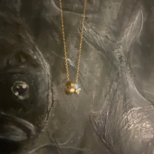 Guldigt halsband med ringar från guldfynd - Snyggt halsband med tunn guldfärgad kedja och två ringformade hängen, varav ett är dekorerat med glittrande stenar. Får med i paketet, bra skick och rostfritt.💞