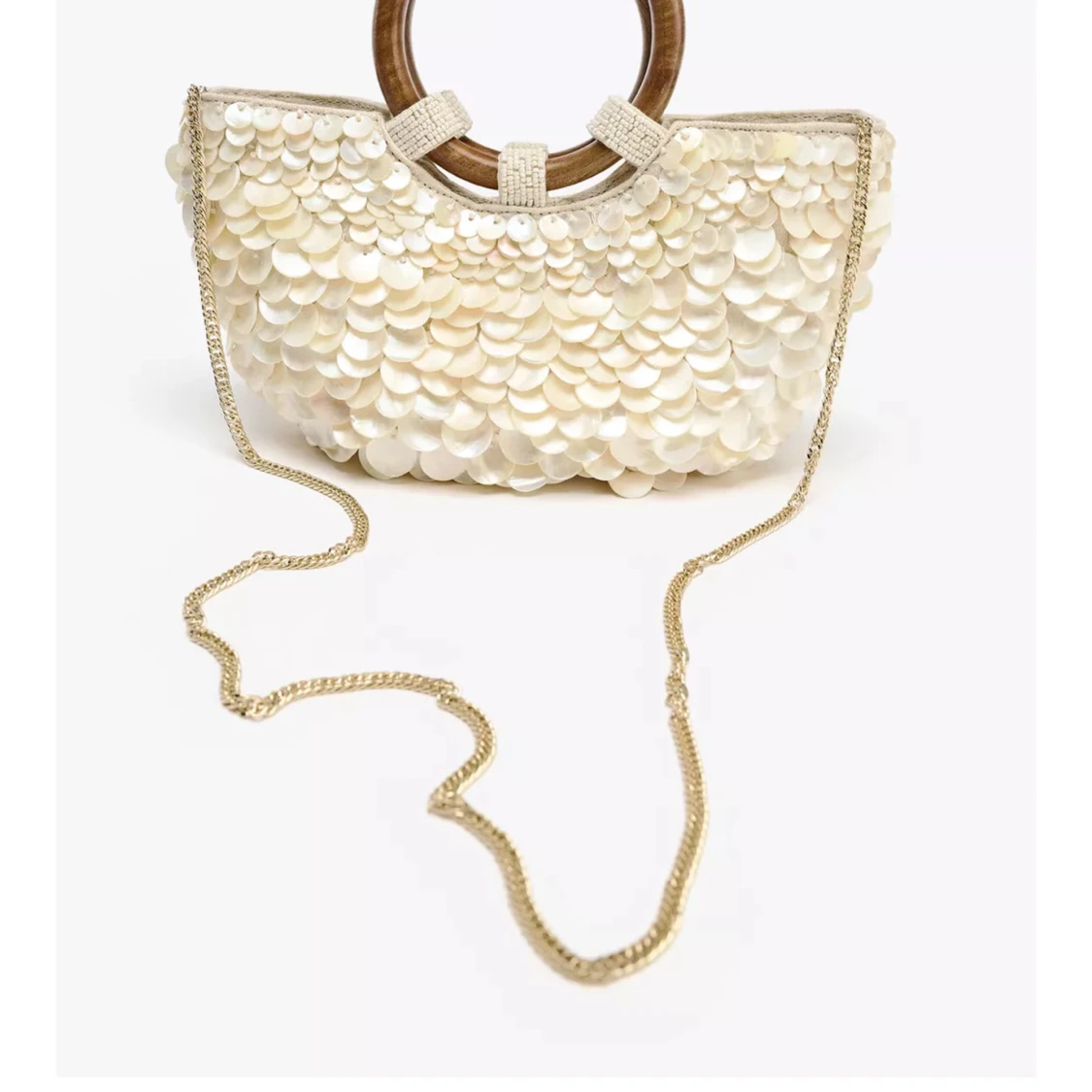 Vit handväska med paljetter och trähandtag - 2