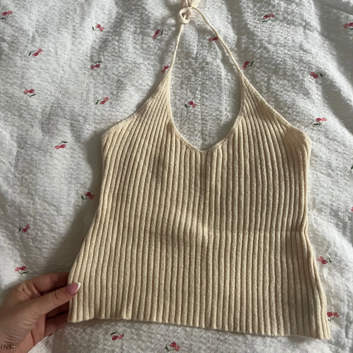 Beige ribbad stickad halterneck-topp - 3