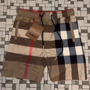 Burberry rutig shorts med snörning - Helt nya Snygga Burberry shorts med klassiskt rutigt mönster i beige, brunt, svart, vitt och blått samt en röd detalj. De har elastisk midja med svart snörning och praktiska fickor fram och bak. Perfekt för dig som vill ha en ikonisk streetstyle-look. Dom är storlek L men passar M