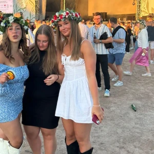 Vit kort sommarklänning - Superfin vit kort klänning med tunna axelband, broderade spetsdetaljer och söt knytning framtill. Använd en gång och tänker att någon annan kan få användning av den! Perfekt till midommar 🍸☀️💐🌸
