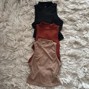 3-pack ribbade croppade linne-toppar - Säljer tre croppade linne-toppar från Shein i ribbat material. Färgerna är svart, rostbrun och beige. Alla har hög hals och är ärmlösa, perfekta att styla med jeans eller kjol. Snygga basplagg med tight passform och stilren look.