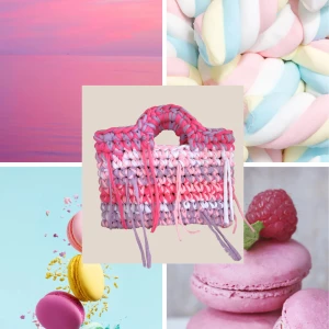 Färgglad handväska i stickat material - Säljer en unik och färgglad handväska i virkat material med en mix av rosa, lila och vita nyanser. Väskan har ett flätat mönster och små handtag, perfekt för att ge en pop av färg till din outfit.