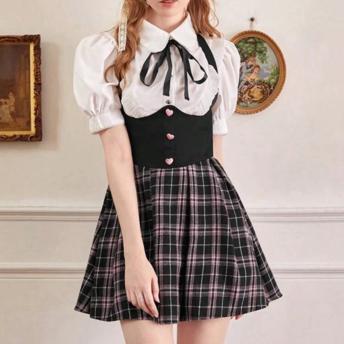 Kawaii rutig kjol med hjärtknappar - 1