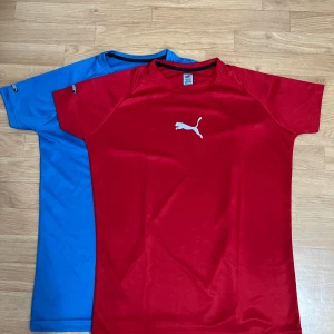 Röd Puma t-shirt i funktionsmaterial - Säljer en röd t-shirt från Puma med klassisk logga på bröstet och ryggen. T-shirten är gjord i ett lätt och sportigt funktionsmaterial, perfekt för träning. Den har korta ärmar och en normal passform. Enkel och stilren design som funkar till sportiga outfits. Säljer båda. 