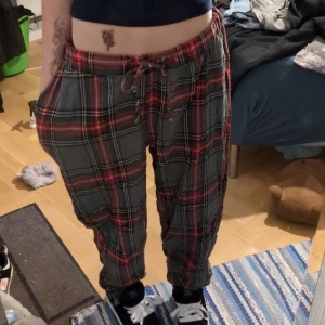 Rutig mjukisbyxa med snörning XL - Säljer ett par rutiga mjukisbyxor i storlek XL från C. Byxorna har en loose passform. Färgerna är röd, grön, blå och svart i klassiskt rutmönster. Perfekta för chill dagar hemma eller när du vill vara extra bekväm.