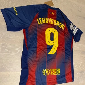 FC Barcelona Lewandowski 25/26 T-shirt  - •Säljer en jätte fin 25-26 svart Barcelona T-shirt med CL patches och Lewandowski på ryggen.  •Den är inte använd bara testad, jätte bra skick och inga fläckar eller hål.  •Och det är storlek M och måtten finns på dem sista bilderna •Priset kan diskuteras och skickar inom 24 Tim 💨😊