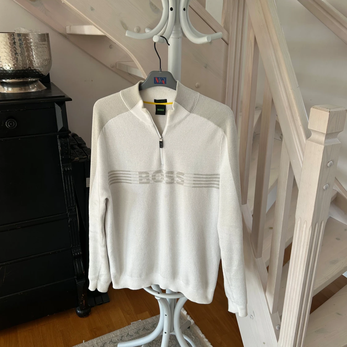 Vit stickad BOSS Zirros QZ half zip tröja  - 1