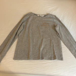 Grå långärmad tröja från H&M - Säljer en enkel och stilren grå långärmad tröja från H&M med texten 'Dream Explore' i glittrigt guld på bröstet. Tröjan är i mjuk bomull och passar perfekt till vardags. Rund halsringning och rak passform.