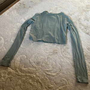 Sage green croppad långärmad topp från H&M - Säljer en sage green croppad långärmad topp från H&M. Tröjan har en enkel design med rund halsringning och är gjord i mjuk bomull. Perfekt att styla med jeans eller kjol. 