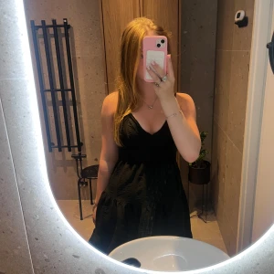 Svart klänning med v-ringning och öppen rygg - Säljer en svart klänning med v-ringad front och öppen rygg. Klänningen är ärmlös och har en lätt utställd kjol som slutar ovanför knäna. Perfekt för dig som vill ha en stilren och enkel look med fina detaljer.