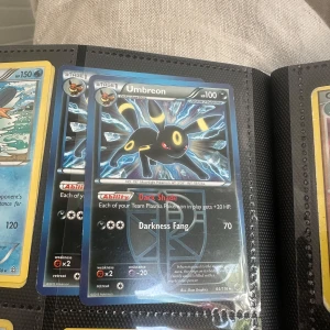 Pokémonkort samlarpärm - En samlarpärm fylld med olika Pokémonkort, inklusive populära kort som Umbreon och Mewtwo EX. Perfekt för dig som vill börja eller utöka din samling! Pärmen har både fyllda och tomma sidor för fler kort.