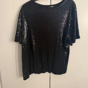 Svart glittrig topp från BikBok - Säljer en svart glittrig topp från BikBok med paljetter över hela ytan. Toppen har korta ärmar och en rund halsringning. Perfekt för dig som vill sticka ut med en snygg och festlig look!