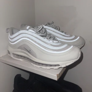 Nike Air Max 97 i grått - Säljer ett par stilrena Nike Air Max 97 i en snygg grå nyans. Skorna har den ikoniska vågdesignen och synlig Air-enhet i sulan för extra komfort. Perfekta för både vardag och träning.