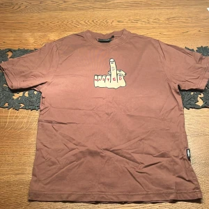 Brun t-shirt från Wasted med print - Brun t-shirt från Wasted In Paris med kort ärm och rund hals. På bröstet finns ett tryck av en hand som visar långfingret med texten 'WASTED' i rött. Skön passform och tillverkad i mjuk bomull. Perfekt för dig som gillar streetwear med attityd.