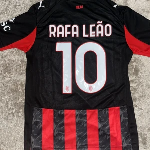 AC Milan Rafa Leão matchtröja Puma M - AC Milan hemmatröja med Rafa Leão och nummer 10 på ryggen. Klassisk röd och svart randig design med klubbmärke och Puma-logga. Tillverkad i återvunnet polyester (Re-Fibre) och har DryCell-teknologi för bästa komfort. Snygga detaljer och officiella tryck.