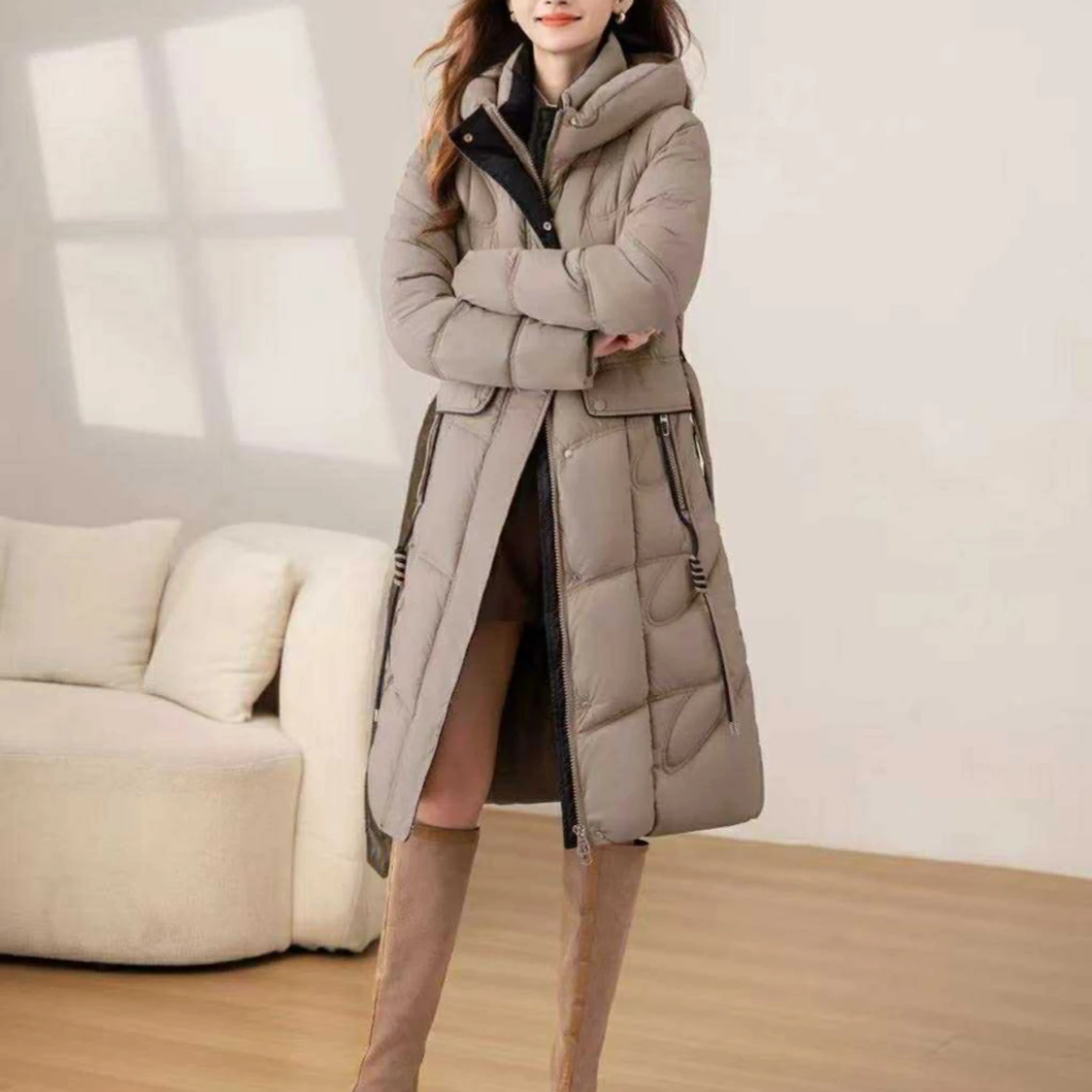 Beige lång pufferjacka med huva - 3