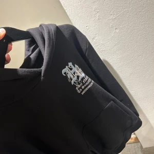 Svart hoodie från Hoodrich med tryck - Svart hoodie från Hoodrich i storlek S med stor vit och silverfärgad text på ryggen och mindre tryck på bröstet. Klassisk känguruficka framtill och huva. Perfekt streetwear-vibe med coola detaljer och bekväm passform.
