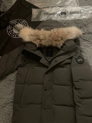 💫NYÅRS RABBAT💫CANADAGOOSE JACKA - Säljer en mörkgrå Canada Goose dunjacka i storlek S med fluffig päls på huvan. Jackan har klassisk patch på ärmen, dragkedja och knappar framtill. Perfekt för kalla vinterdagar och har en riktigt schysst oversized look.