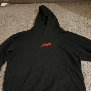 Svart hoodie från Hugo Boss, storlek L - Svart hoodie från Hugo Boss med röd Hugo-logga på bröstet. Klassisk huva och stor magficka framtill. Tillverkad i mjuk bomull som är skön att ha på sig. 