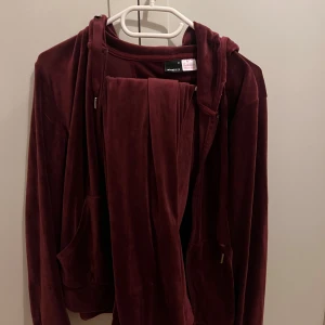 Vinröd velour hoodie samt byxor från Gina Tricot - Mysig vinröd hoodie  och byxor i mjuk velour från Gina Tricot. Tröjan har huva, dragkedja framtill och fickor på sidorna. Perfekt för chill dagar eller när du vill vara extra bekväm. Snygg loose passform och långa ärmar. Tröja stl m och byxor stl s