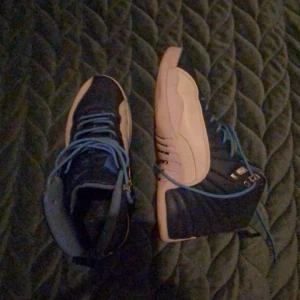 Nike Air Jordan 12 blå och vita sneakers - Säljer ett par Nike Air Jordan 12 sneakers i blått och vitt med coola blå skosnören. Skorna har en hög siluett och klassisk Jordan-logga på plösen. Ovandelen är i skinn och syntet, med snygga detaljer och en robust sula. Perfekta för dig som gillar streetstyle.
