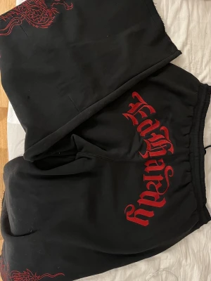 Svarta Ed Hardy mjukisbyxor med drakmotiv - Säljer ett par svarta mjukisbyxor från Ed Hardy med röd logga framtill och coolt drakmotiv längs benen. Har aldrig använt den, den är köpt från Urban outfitters, men blev aldrig returnerad. Storleken är L 