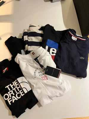 T-shirtpaket från Lacoste, Tommy Hilfiger & The North Face - Säljer ett paket med fem snygga t-shirts från Lacoste, Tommy Hilfiger, The North Face, Nike, Hampton Republic. Lacoste- 152, Tommy Hilfiger - 152 (Aldrig använd), The North Face- 152, Nike- 137, Hampton Republic- 140. Skriv vid funderingar😃