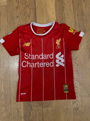 Liverpool M. Salah matchtröja röd - strl.116 - Riktigt snygg Liverpool FC t-shirt med M. Salah och nummer 11 på ryggen. Röd med vita ränder, vita detaljer och gula loggor. Kortärmad, tillverkad i polyester med tryck från Standard Chartered och New Balance. Perfekt för fotbollsfans som vill sticka ut på läktaren.