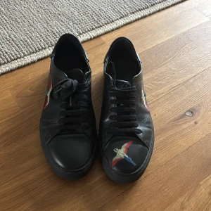 Arigato sneakers med broderade fåglar - Säljer ett par svarta Arigato sneakers med broderade färgglada fåglar på sidan och framtill. Skorna har klassisk snörning och platt sula. Perfekta för dig som vill ha något stilrent med en cool detalj.