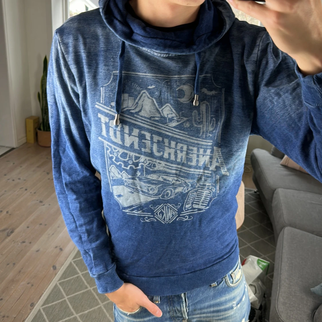 Stickad vintage hoodie mörkblå  - 2