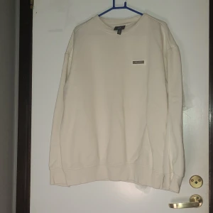 Beige relaxed sweatshirt från H&M - Säljer en beige sweatshirt från H&M i relaxed fit med långärmad design och rund hals. Tröjan har en metallbricka med texten 'Ae/uphorie' på bröstet som cool detalj. Mjuk bomullskänsla och breda muddar vid ärmslut och nederkant.