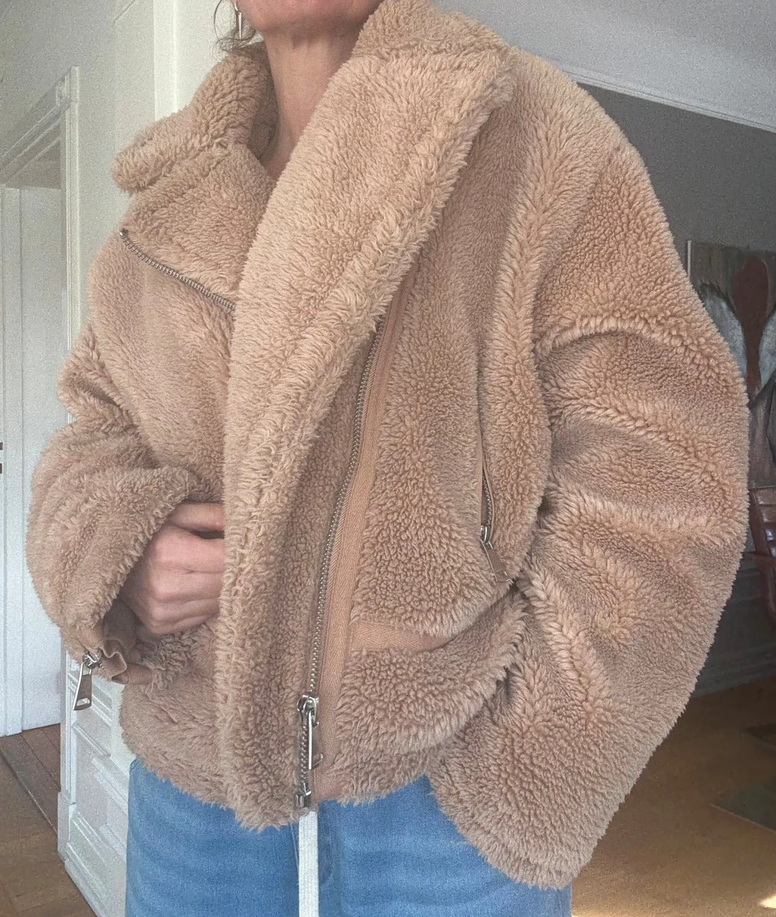 Beige oversized teddyjacka med dragkedjor NA-KD stl.L - 1