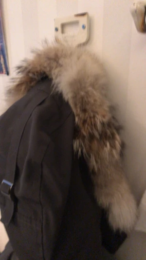 Grå Canada Goose dunjacka med päls - Säljer en grå Canada Goose dunjacka med fluffig äkta päls på huvan. Jackan har en stilren look med knappar och dragkedja framtill, samt en ikonisk röd logga på armen. Perfekt för kalla vintrar o ser bra ut! (Priset är inte hugget i Sten) möts i Jämtland annars postar jag!