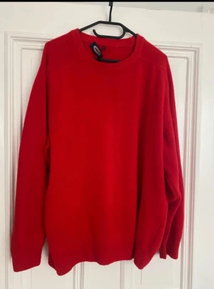 Röd stickad tröja från JKL - Snygg röd stickad tröja från JKL i storlek L. Tröjan har rund hals och långa ärmar med ribbade muddar. Enkel och klassisk design som är lätt att matcha med jeans eller andra favoritplagg. Perfekt för dig som gillar färg och vill ha en bekväm tröja.