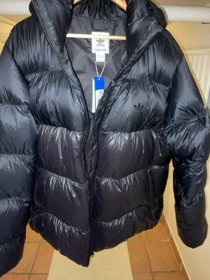 Svart pufferjacka från Adidas - Oanvänd Snygg svart pufferjacka från Adidas med huva och diskret logga på bröstet. Jackan har en glansig yta, dragkedja framtill och quiltade sektioner som ger en cool, voluminös look. Perfekt för kalla dagar och streetstyle. Ficka med dragkedja på insidan.köpt på zalando för 2000
