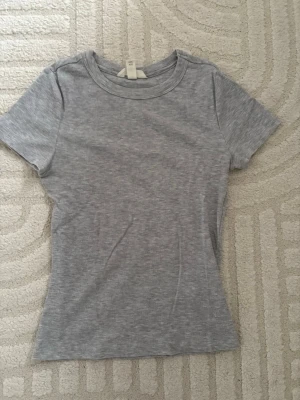 Grå ribbad t-shirt från H&M - Säljer en grå ribbad t-shirt från H&M i storlek S. T-shirten har en klassisk rund hals och korta ärmar. Materialet är mjukt och stretchigt, perfekt för en chill och enkel look. Passformen är slim och färgen är ljusgrå.
