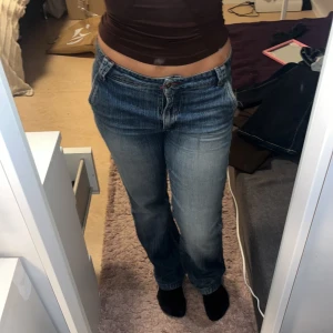 Blå bootcut jeans från Salsa  - Snygga blå jeans från salsa med bootcut passform och låg midja. Jeansen har klassisk femficksdesign, markerade sömmar och coola detaljer med röda stickningar. Tillverkade i jeansmaterial med lätt tvättad look och subtila slitningar. Priset kan diskuteras!!!🩷