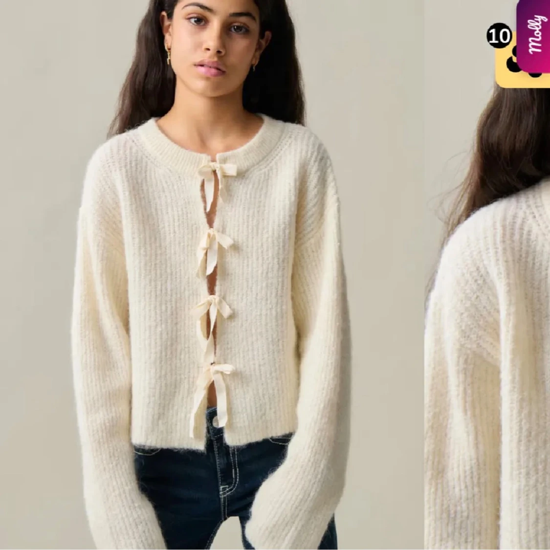 Beige stickad kofta med rosetter - 3