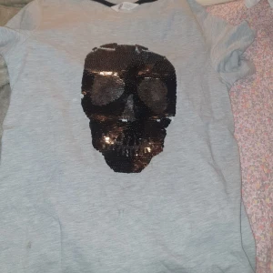 En grå T-shirt med en döskalle på magen som även är gjord av paljetter.  - Grå T-shirt med en paljett döskalle på magen. Storleken 146/152